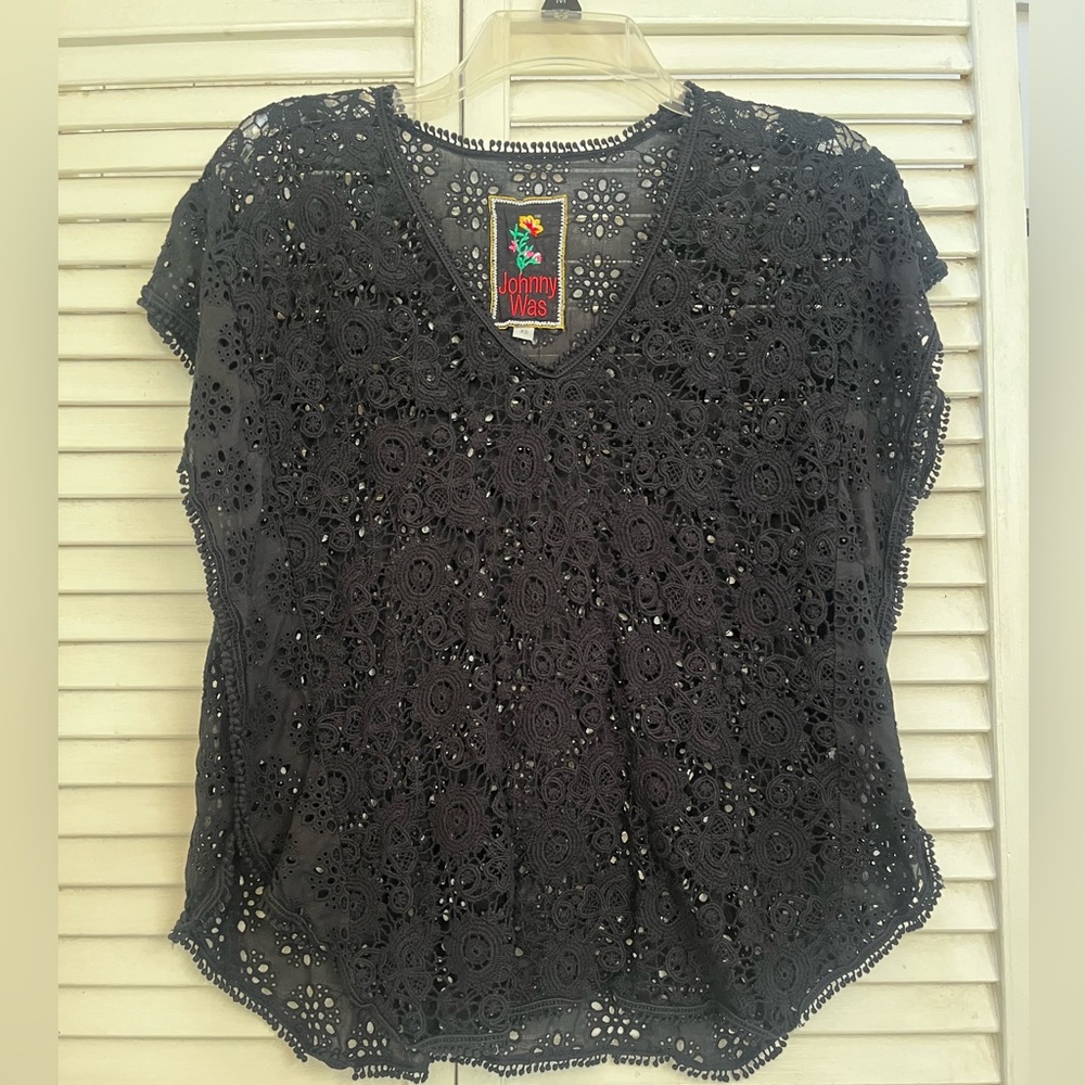 JOHNNY WAS Black floral eyelet Blouse
